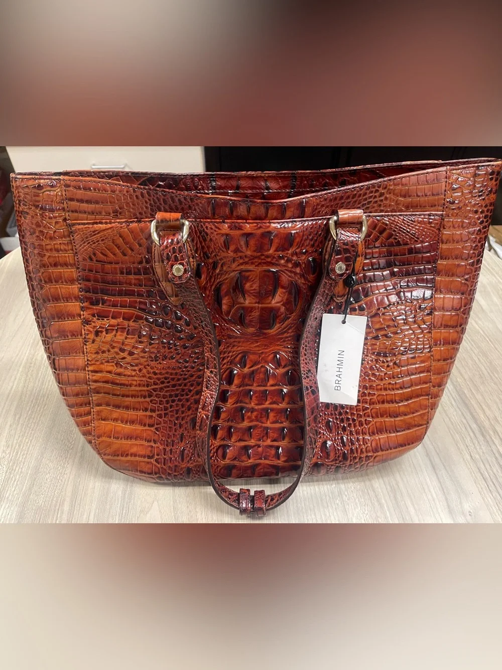 Brahmin Croc-Embossed Genuine Leather Tote in Medium Lena Pecan Melbourne